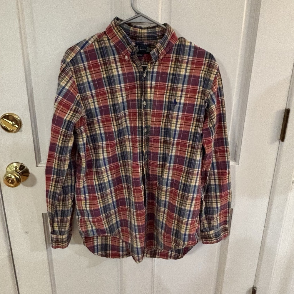 Ralph Lauren Mens Classic Fit Button Up Shirt Size M Medium Red Blue Plaid *flaw